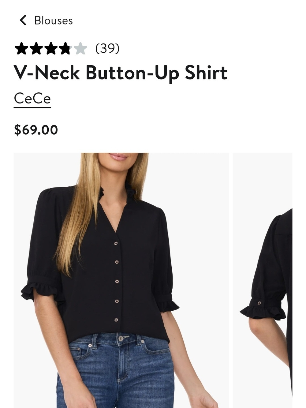 CeCe Black V-Neck Button-Down Ruffle Sleeve Blouse